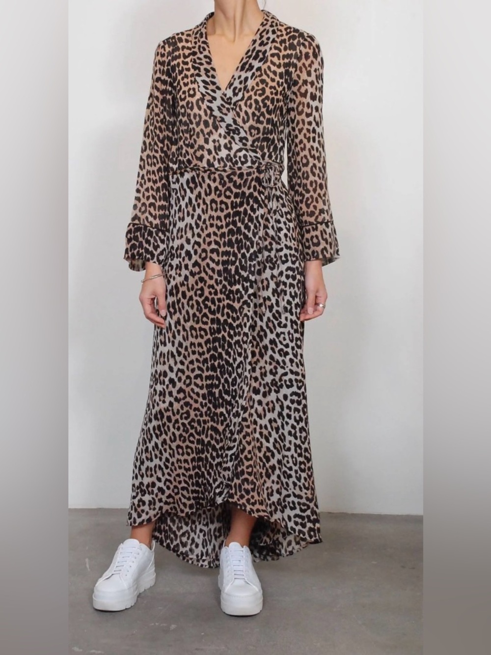 Ganni Mullin Wrap Leopard Print Long Sleeve Dress Small